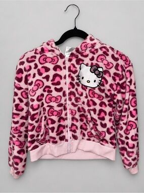 Hello Kitty Sanrio Girls Size 10 Pink Leopard Bow Plush Fleece Zip-Up Hoodie
